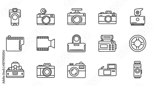 Collection of Minimalist Photography and Security Icons on Black Background