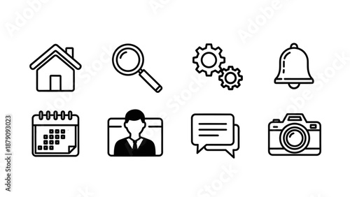 Minimalist Business Concept Icons Set with House Search Gear Bell Survey Camera