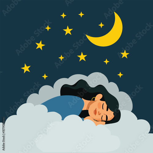 Woman calmly sleeping in the clouds. Mindfulness, healthy lifestyle, self care concept. Modern flat design vector illustration.