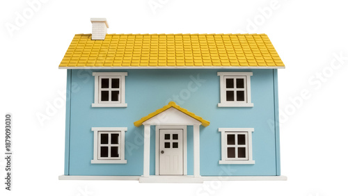 Charming blue dollhouse with yellow roof isolated PNG, miniature toy house for kids play and architectural visualization