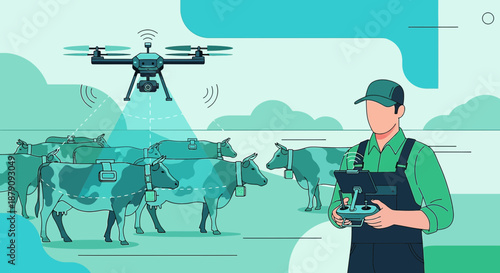 Drone surveying cows for efficient agriculture management and livestock monitoring application
