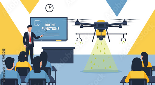 Educational scene illustrating drone functions in agricultural or technological applications for