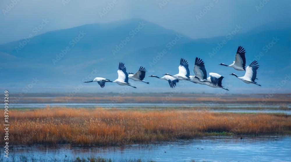 Fototapeta premium Flock of cranes flying over wetlands