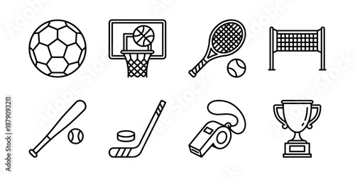 Sports line icons set, athletics games equipment and competition