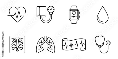 Cardiology line icons set, heart monitor diagnostics and vital signs
