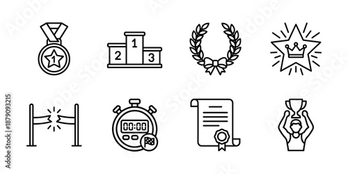 Victory awards line icons set, competition achievement medals and winners