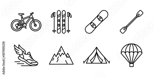 Sports equipment and athletic games line icon set