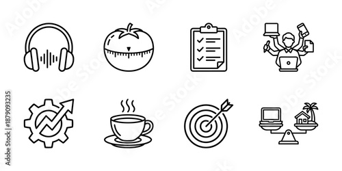 Productivity workflow line icons set, time management, pomodoro, checklist, focus, balance