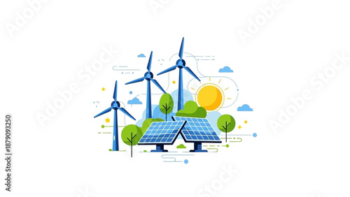 This illustration represents renewable energy generation through wind and solar power systems. The visual highlights wind turbines, solar panels, and green landscapes, symbolizing sustainable energy s