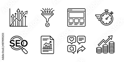 Marketing growth line icons set, conversion funnel, landing page, seo, analytics, revenue