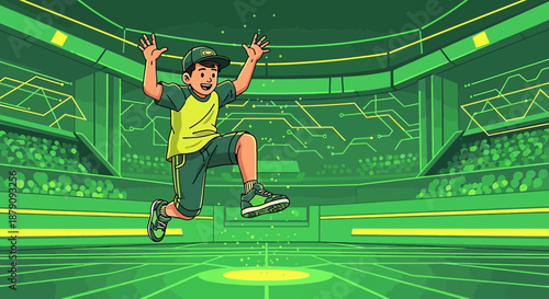 Euphoric digital jump, cartoon boy inside virtual green stadium with electronic pattern