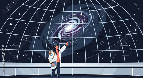 Exploring the cosmos: a detailed galaxy view from inside planetarium setting showcasing celestial