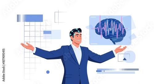 Futuristic brain analysis concept showing a man with advanced technology interface