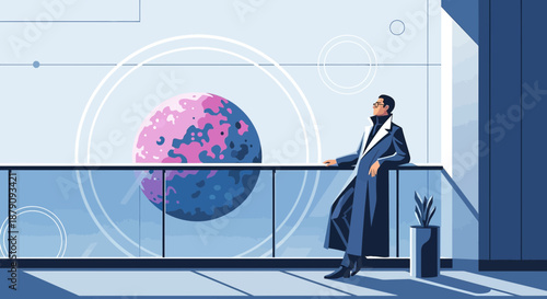 Futuristic contemplation: A stylized man observing a distant planet from a modern interior