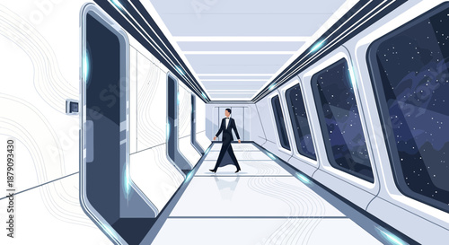 Futuristic corridor with a sophisticated traveler exploring space station interior