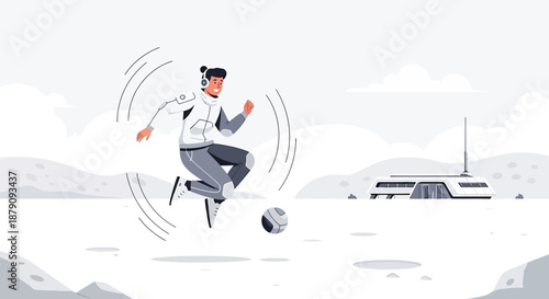 Futuristic athlete plays soccer on a lunar landscape next to an advanced space research facility