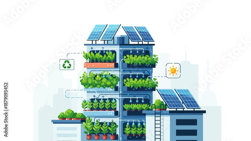 This illustration depicts a sustainable smart farming system that combines renewable energy, advanced agriculture techniques, and modern technology to support food production. The image shows vertical