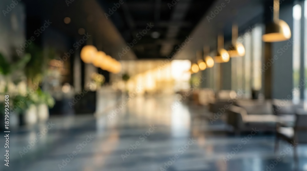 Obraz premium Blurred background of a modern luxury hotel lobby or office reception area with warm lighting and stylish furniture, abstract defocussed interior space