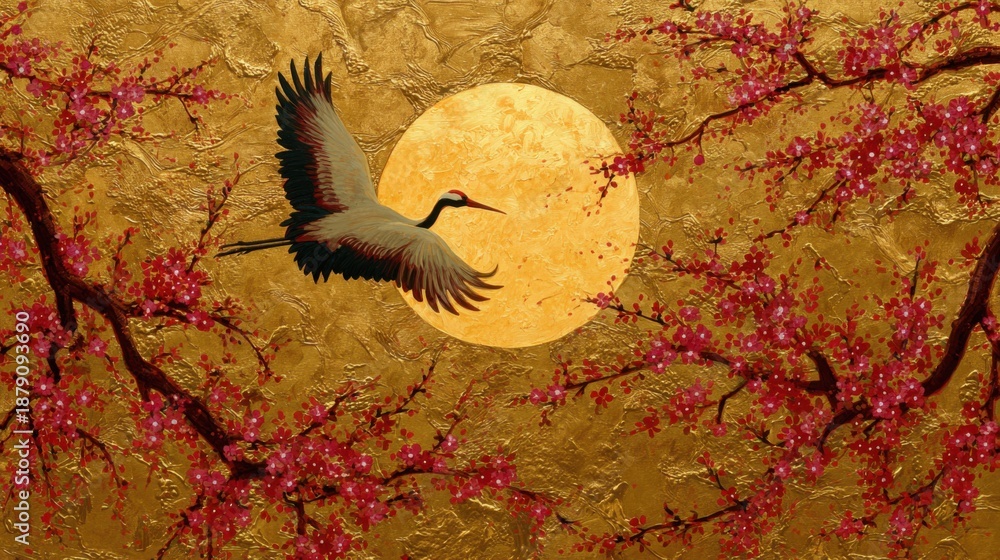 Obraz premium Japanese crane flying past red cherry blossoms