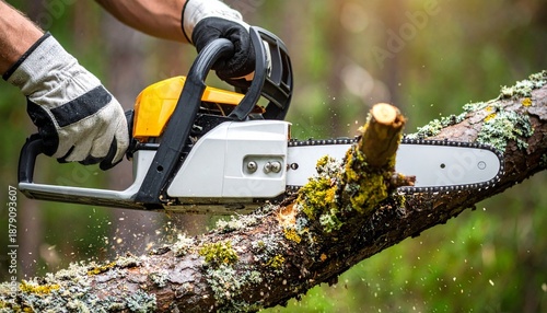Person using chainsaw to cut mossy tree branch in forest with safety gloves and blurred background