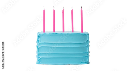 Blue frosted birthday cake with pink candles isolated PNG, festive dessert for celebration and party designs on transparent background