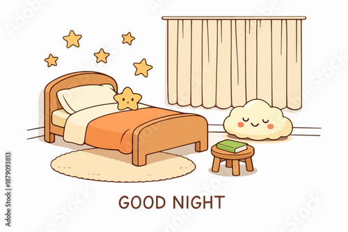 Good night bedtime room scene with cozy bed, stars and sleepy cloud