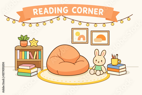Cozy reading corner room with bean bag, bookshelf and string lights decor