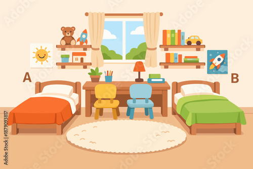 Shared kids bedroom with twin beds study desk and toy shelves