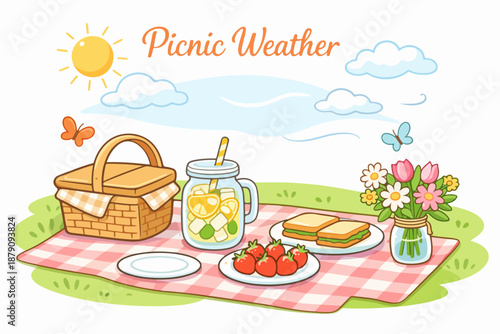 Picnic weather scene with basket lemonade strawberries sandwiches and flowers