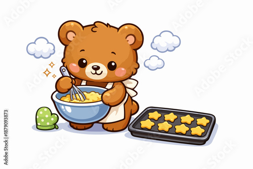 Cute bear baking cookies, cartoon chef mixing dough with baking tray