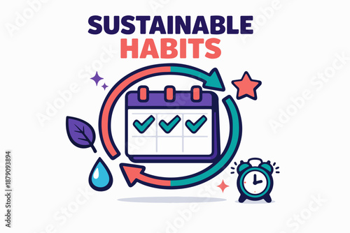 Sustainable habits tracker with calendar loop, eco lifestyle concept icons