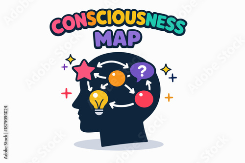 Consciousness map: inner awareness network inside head silhouette