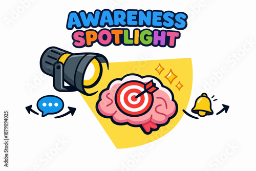 Awareness spotlight: focus beam highlighting brain target amid distractions