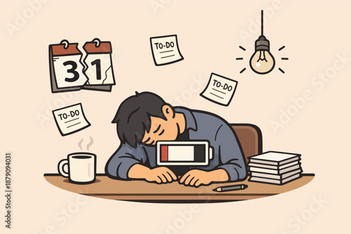 Burnout deadline: exhausted worker with low battery and to do notes