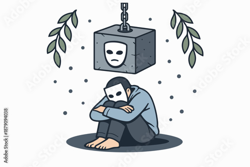 Impostor feelings: hiding behind a mask and self doubt concept