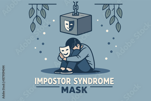 Impostor syndrome mask: insecure person hiding behind fake smile