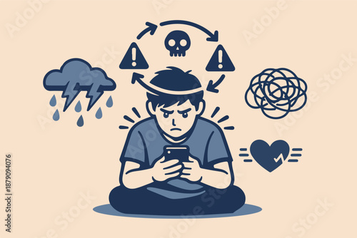 Worry cycle: stressed phone user with warning symbols and storm cloud