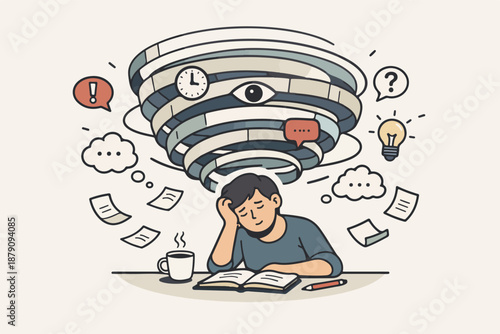 Mental overload spiral: student overwhelmed by thoughts and deadlines