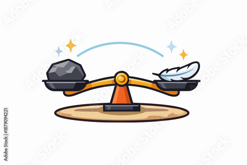 Simple balance: rock and feather on a seesaw equality metaphor