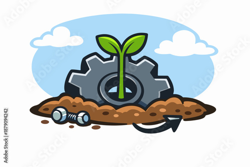 Sustainable system: green sprout growing through gear for progress
