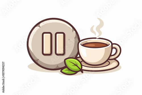 Pause break: coffee cup and calm time out button for rest