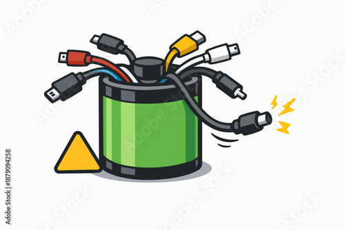 Multi cable battery: overloaded connectors and charging chaos concept