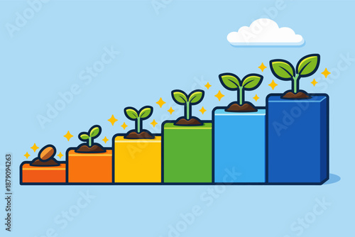 Growth steps: seedlings sprouting on rising blocks for progress