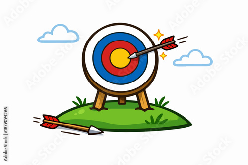 Target practice: arrow hitting bullseye goal with missed shot on grass