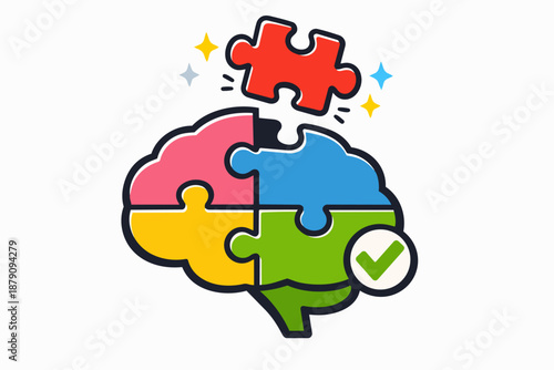 Brain puzzle piece: completing the mind with solution checkmark