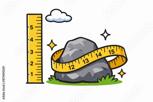 Rock measurement: heavy weight wrapped by tape measure and ruler