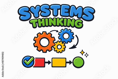 Systems thinking cartoon poster with gears, arrows and workflow diagram