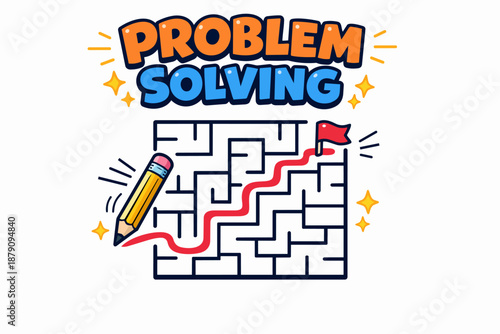 Problem solving cartoon poster with maze, pencil path and goal flag