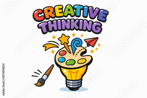 Creative thinking cartoon poster with lightbulb palette, stars and paper plane