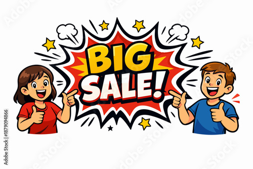 Big sale comic burst banner with discount message and happy kids